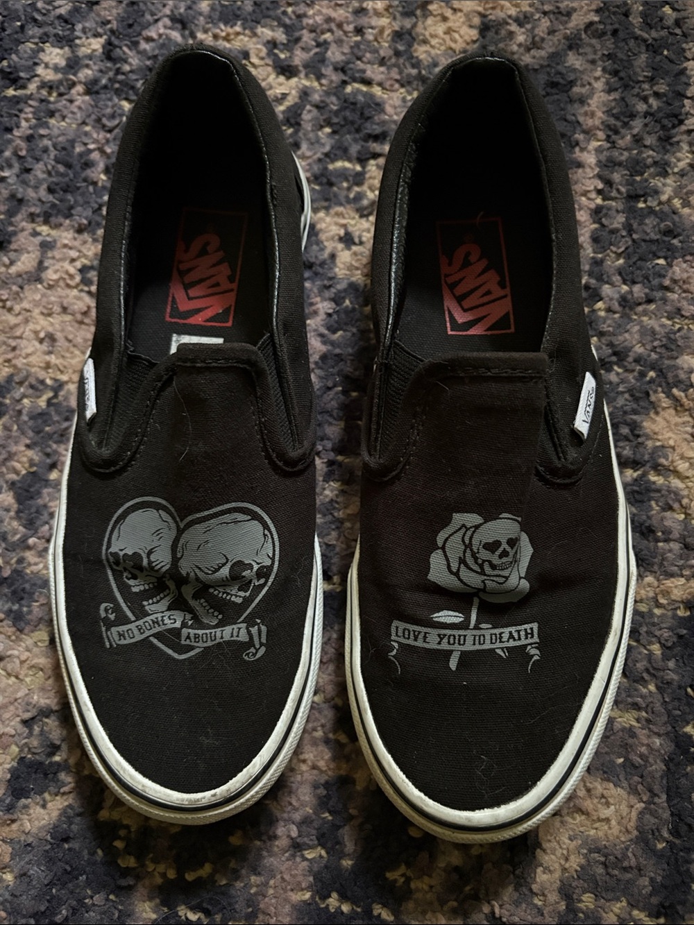 Vans Black Slip-On Sneakers with Gray Skull & Rose Graphics